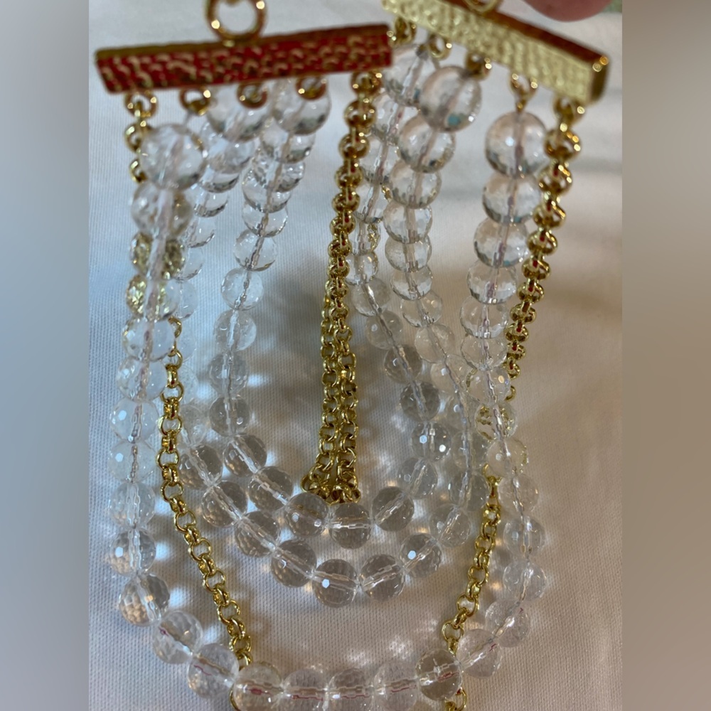Multi Strands Layered Clear Beads‎ & Gold Tone Chain Runway Necklace Madagascar
